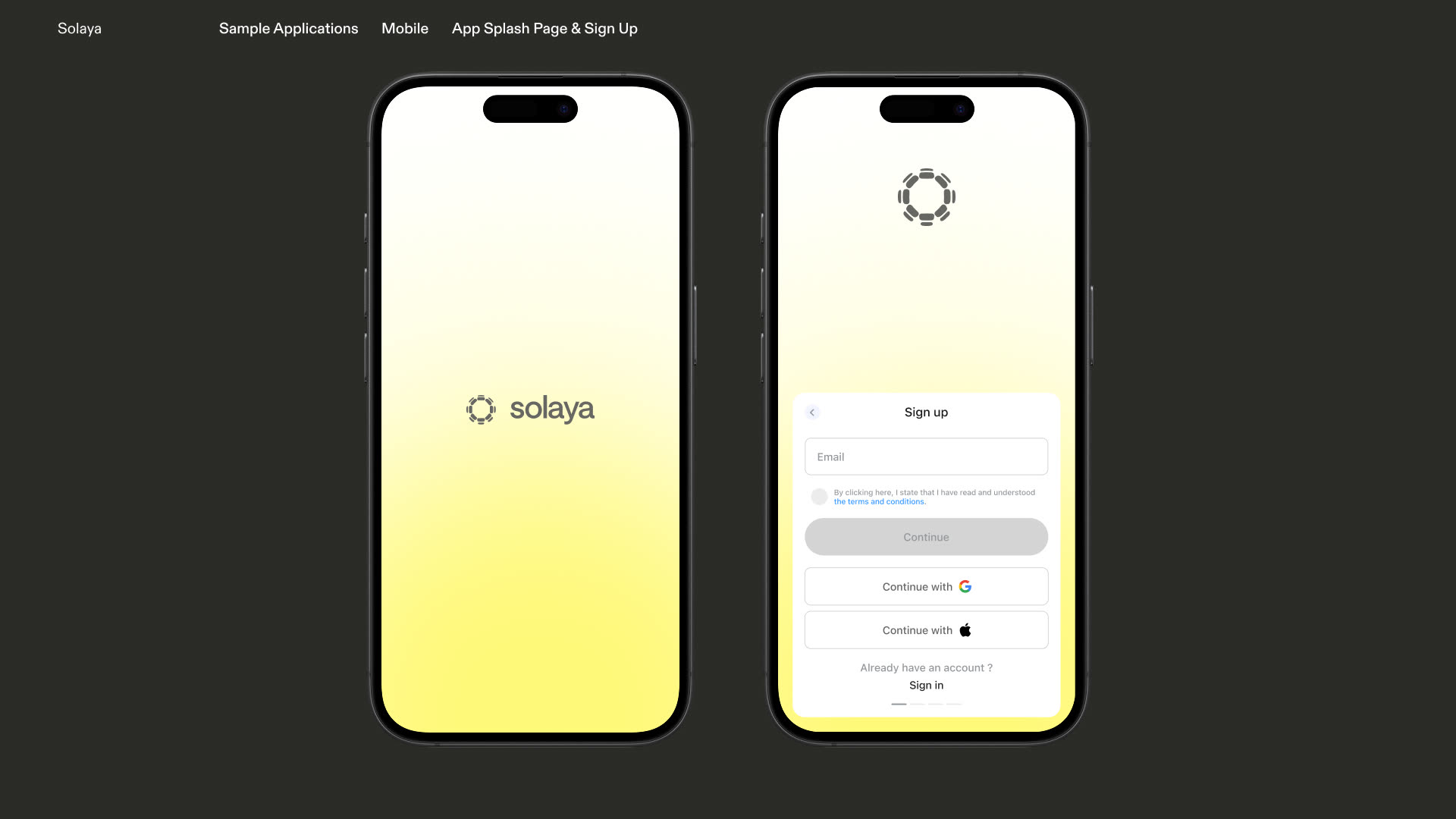 App splash & sign up